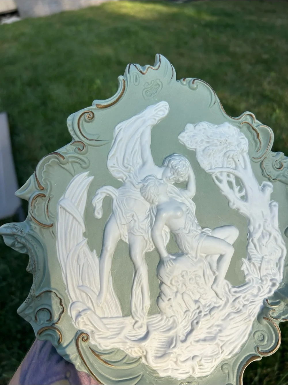 Volkstedt Jasperware Plaque: Kissing Lovers, Germany -Cherubs  Flowers vintage
